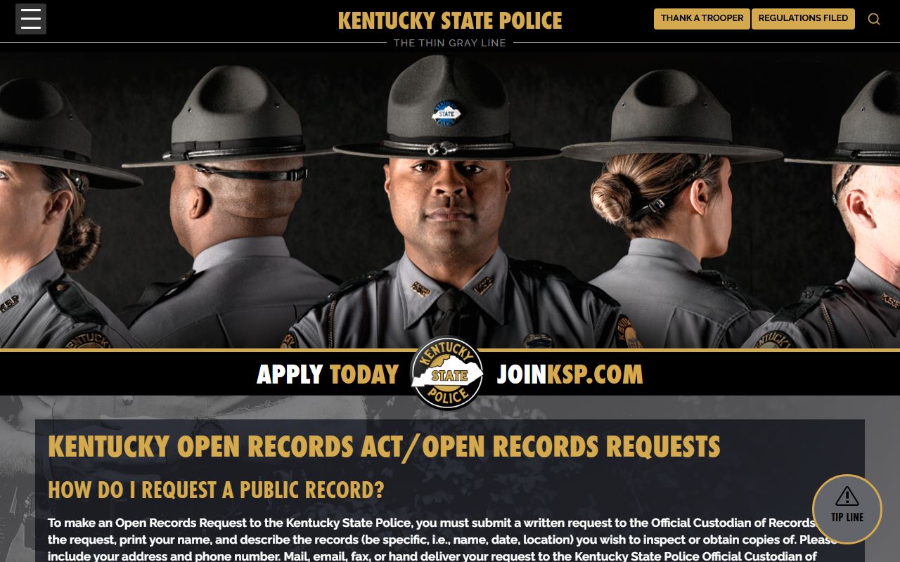 Kentucky State Police open records arrest records request page
